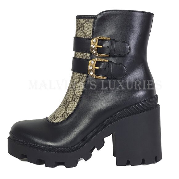 GUCCI BOOTS GG CANVAS AND LEATHER ANKLE BOOTIES w CRYSTAL BUCKLE sz 38.5 8.5 - Picture 4 of 15